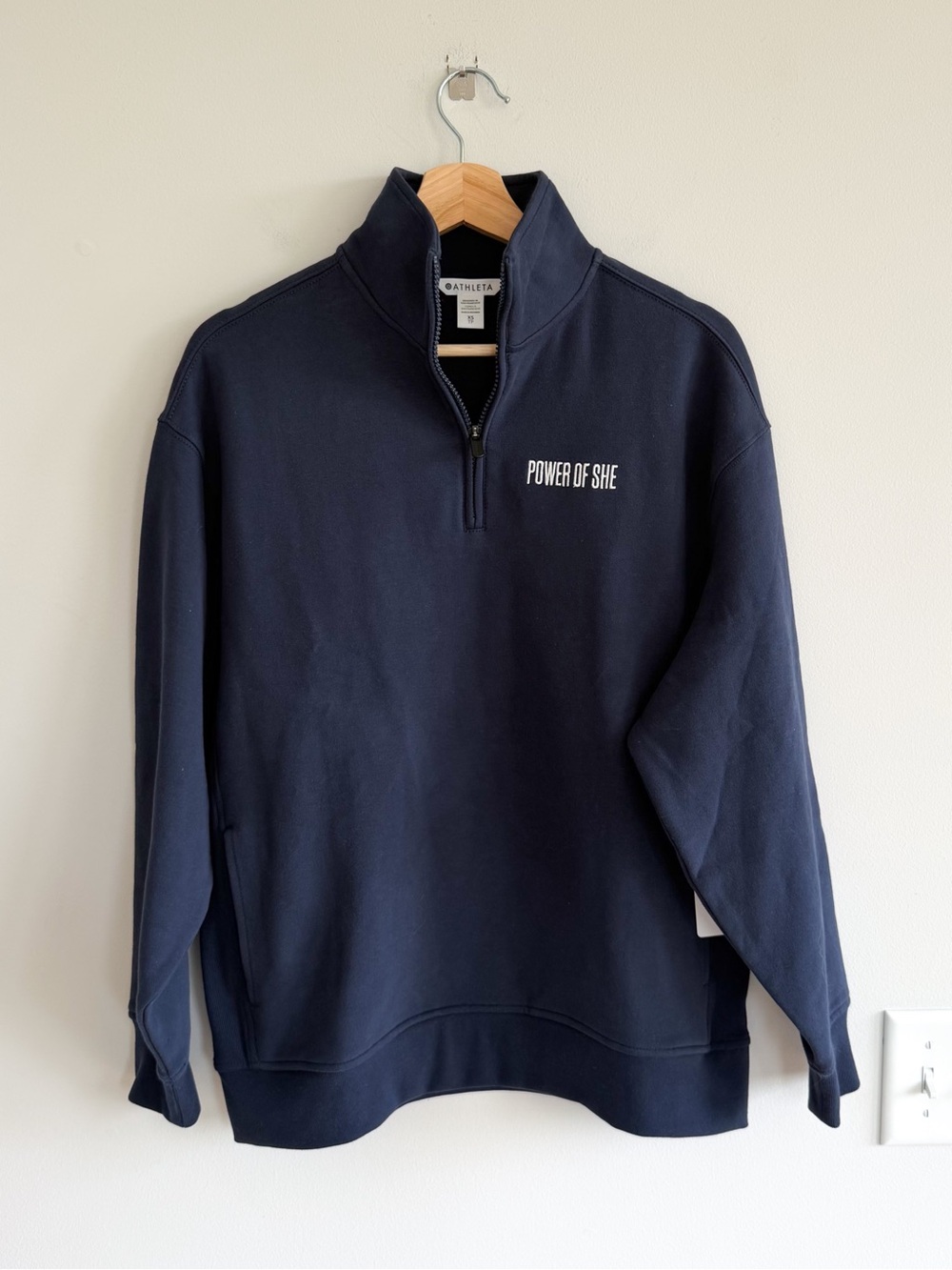 Athleta Logo Fleece 1/4 Zip Power of She Pullover Sweatshirt Navy Blue XS NWT